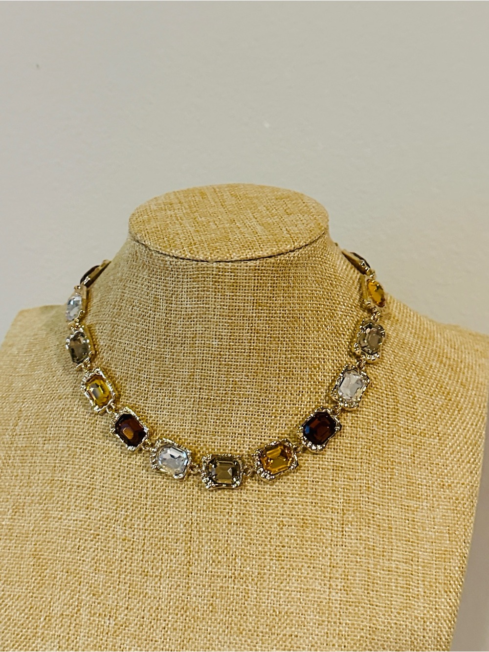 Fashion Jewelry Gold-Tone Necklace with Clear, Amber, and Brown Stones